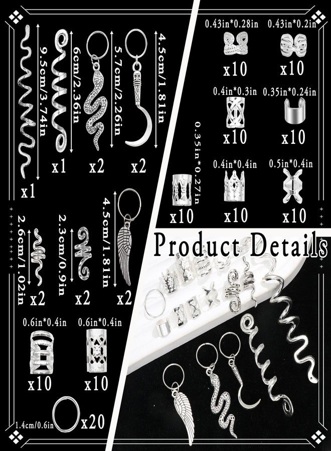 VENOFEN 122PCS Silver Hair Jewelry Snake Loc Charms Braids Clips Multi Style Hair Cuffs Rings Metal Dreadlock Beads Accessories Decoration for Women and Men - Image 4